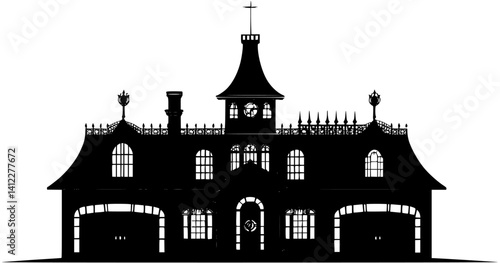 Silhouette of Victorian style Fire station design, Victorian style Fire station vector illustration