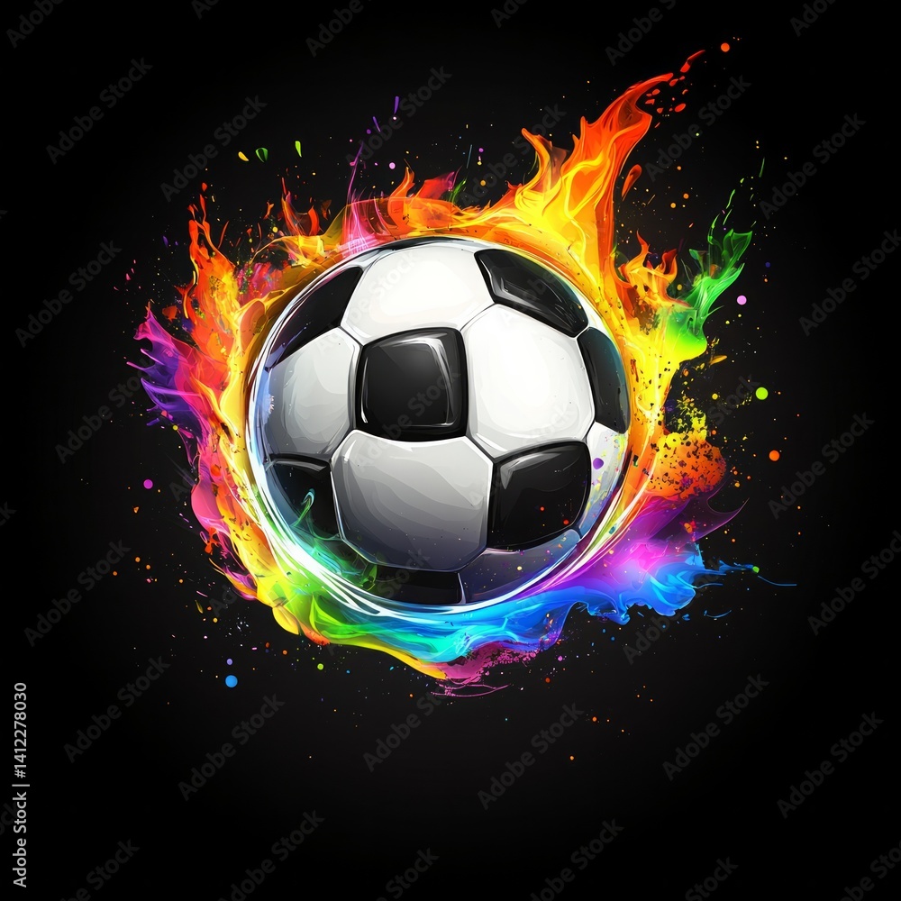 Fototapeta premium Black and white soccer ball with colorful fires around it, black background