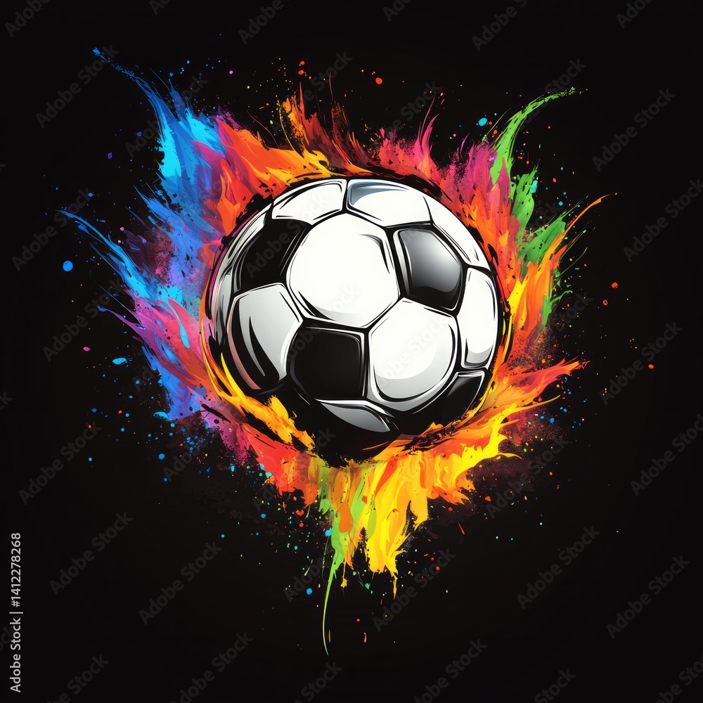 Fototapeta premium Black and white soccer ball with colorful fires around it, black background