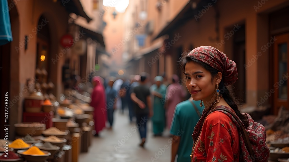 Obraz premium Female tourist with backpack in a vibrant marketplace in Marrakesh, Morocco