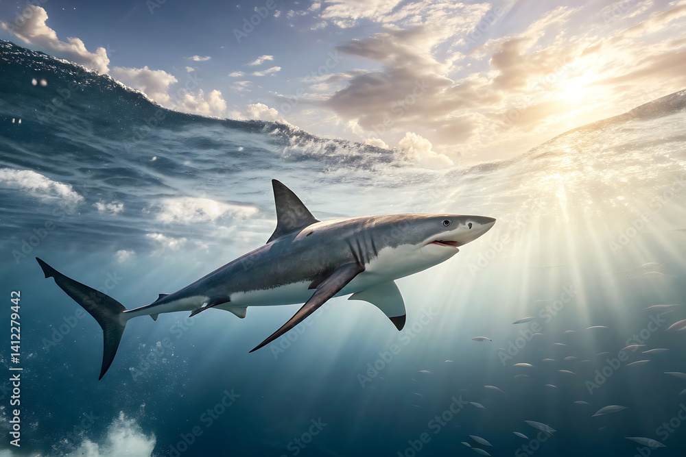 Obraz premium Marine Life Scene Featuring Group of Swimming Sharks