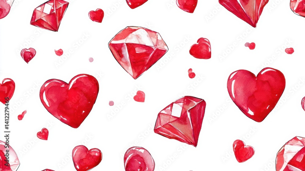 Lovely Watercolor Red Hearts and Diamonds Seamless Pattern for Valentine's Day Design Lovely Watercolor Red Hearts and Diamonds Seamless Pattern for Valentine's Day Design