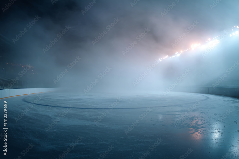 Empty ice rink shrouded in fog, illuminated by distant stadium lights, creating a serene, atmospheric scene, ideal for winter sports or cold weather themes Empty ice rink shrouded in fog, illuminated by distant stadium lights, creating a serene, atmospheric scene, ideal for winter sports or cold weather themes