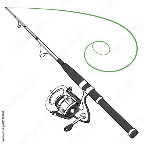 Vector illustration of a fishing rod with green line on a white background