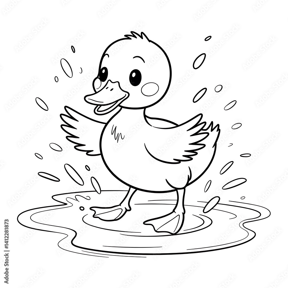 Duckling splashing in a puddle Coloring page, black and white Duckling splashing in a puddle Coloring page, black and white