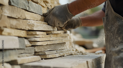 Masonry worker creating intricate stonework for a historical building restoration. Featuring stone masonry