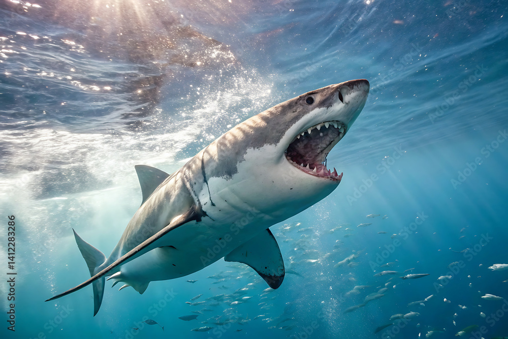 Obraz premium Marine Life Scene Featuring Group of Swimming Sharks