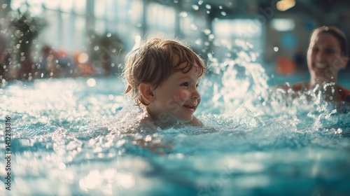 Smiling child learning to swim with mother in indoor pool, enjoying water splashes and family time