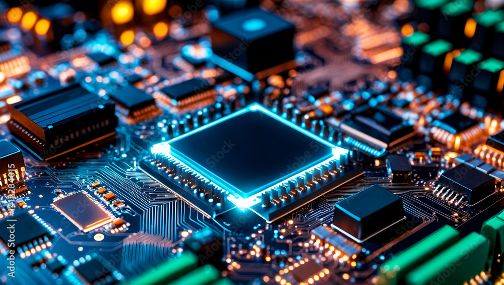 Illuminated circuit board showcasing modern computing technology Illuminated circuit board showcasing modern computing technology