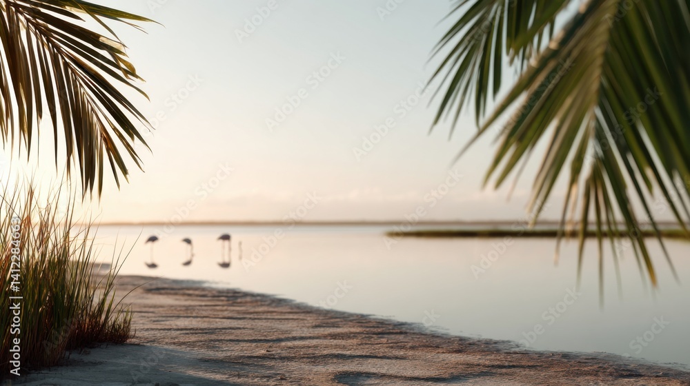 Fototapeta premium seashore with palm trees and flamingos
