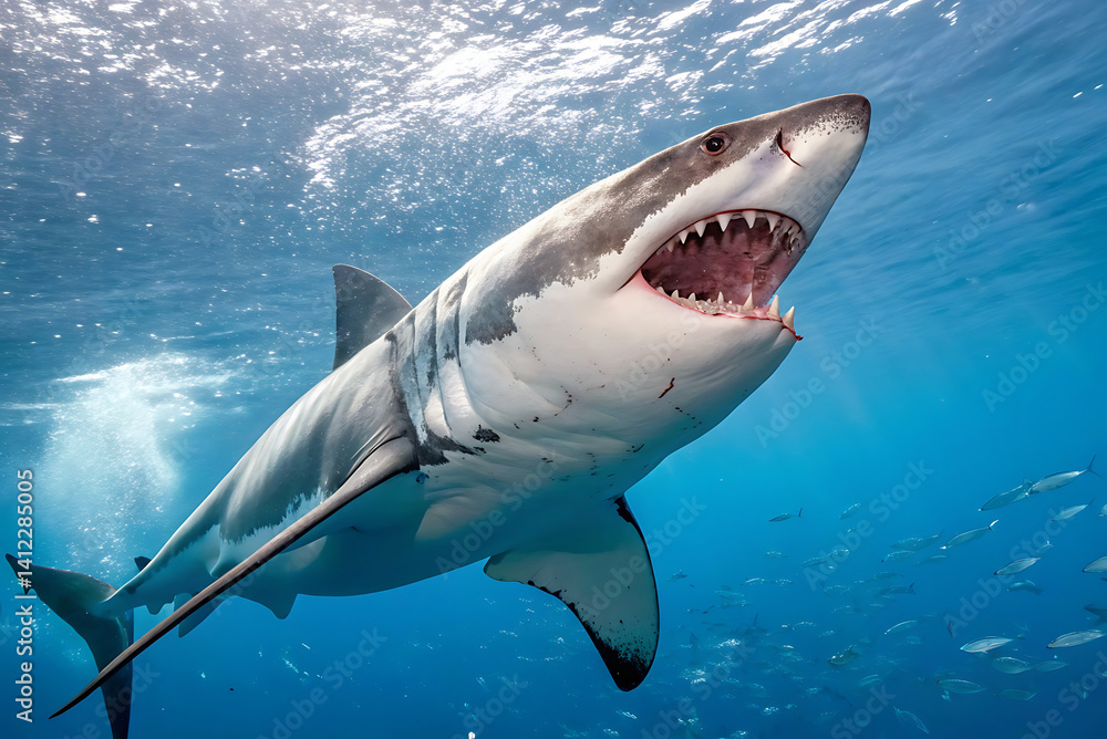 Naklejka premium Marine Life Scene Featuring Group of Swimming Sharks