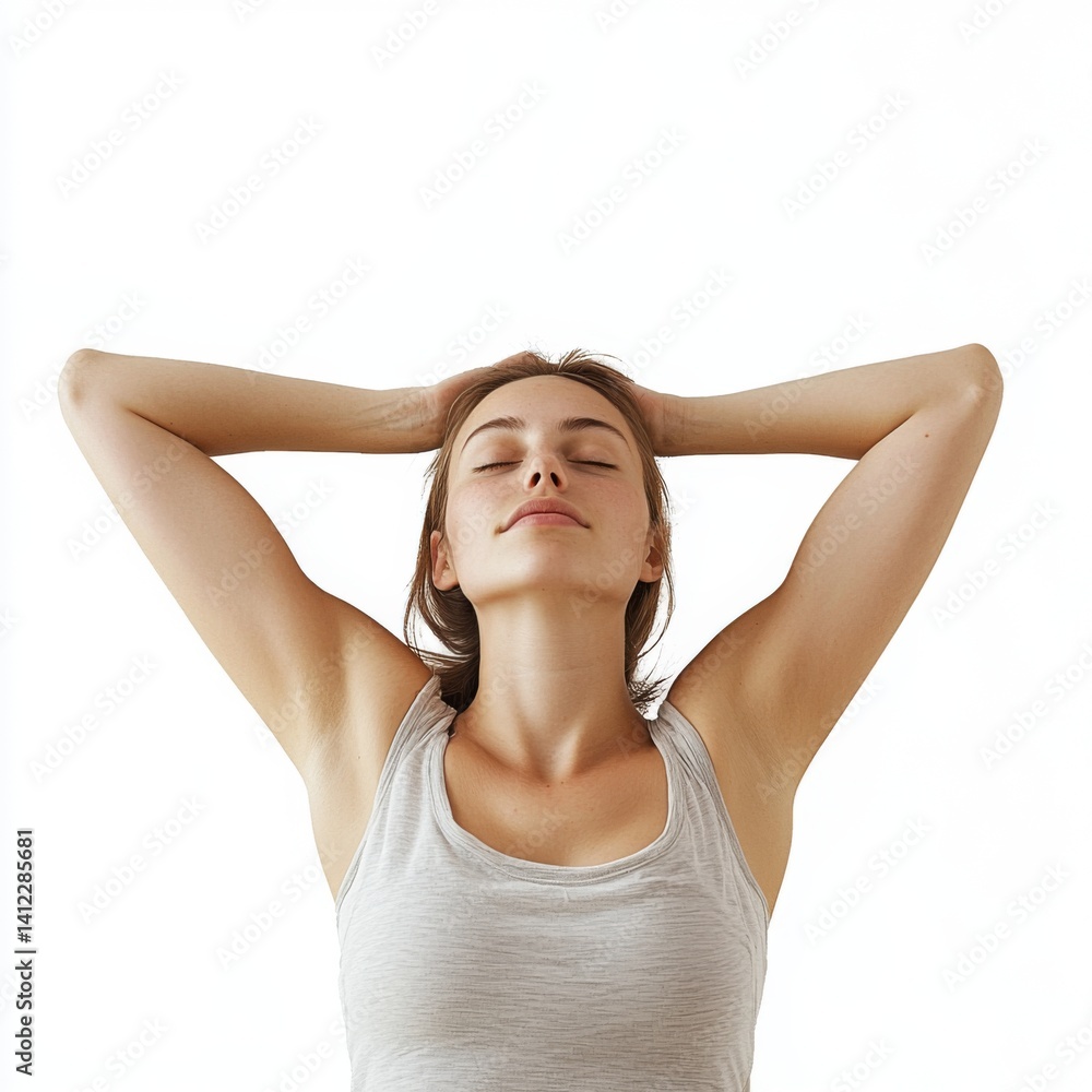 Serene Woman Practicing Mindfulness Meditation in Natural Light with Calm Expression and Hands Resting on Head Serene Woman Practicing Mindfulness Meditation in Natural Light with Calm Expression and Hands Resting on Head