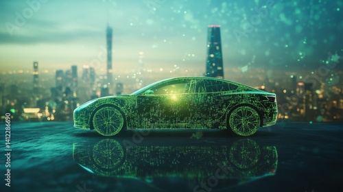 Silhouette of electric green car , Abstract photo of Electric vehicle with double exposure on cityscape background ,concept of Eco-friendly sustainable energy.