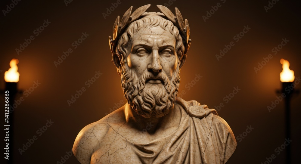 Fototapeta premium Aged Marble Bust of Plato Adorned with Laurel Wreath