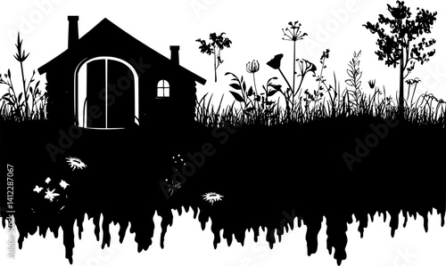 Silhouette of Farmhouse style Root cellar design, Farmhouse style Root cellar illustration art