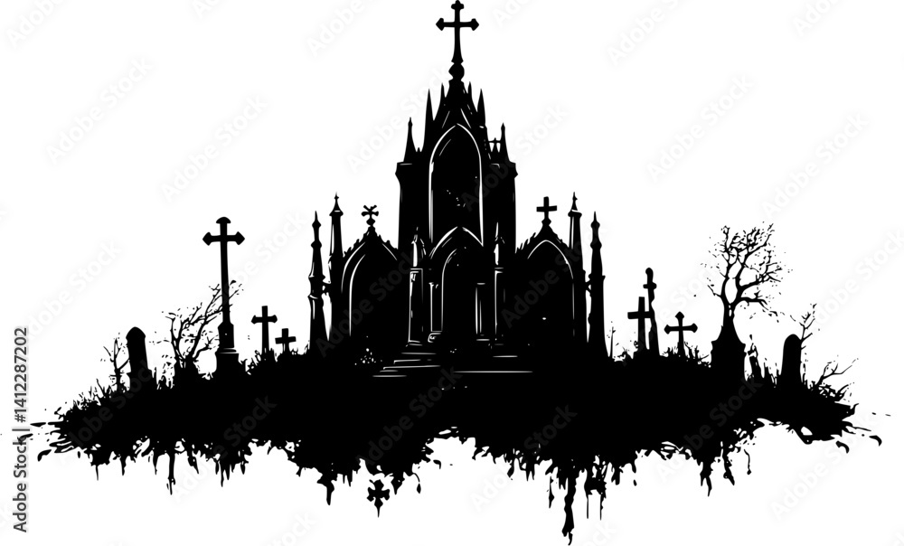 Fototapeta premium Silhouette of Gothic style Mausoleum design, Gothic style Mausoleum illustration art