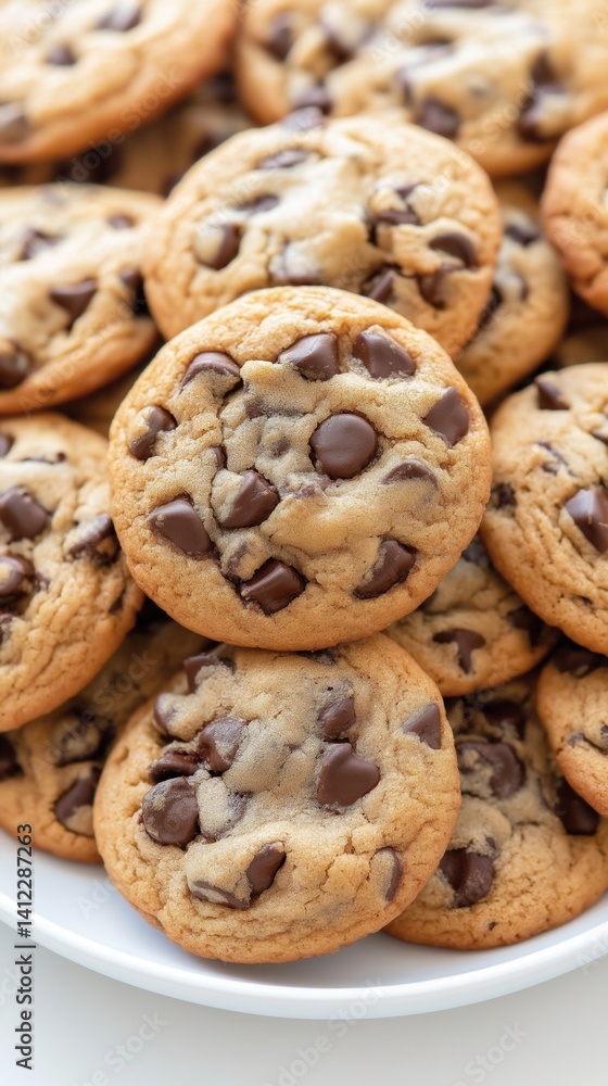 Freshly baked chocolate chip cookies stacked on white rustic ceramic plate Freshly baked chocolate chip cookies stacked on white rustic ceramic plate
