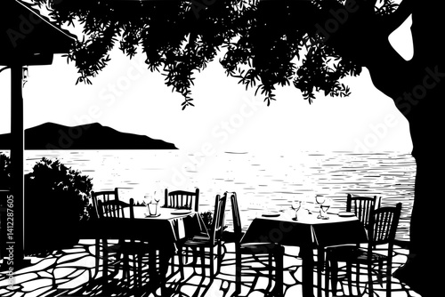 Silhouette of Mediterranean style Taverna design, Mediterranean style Taverna illustration art