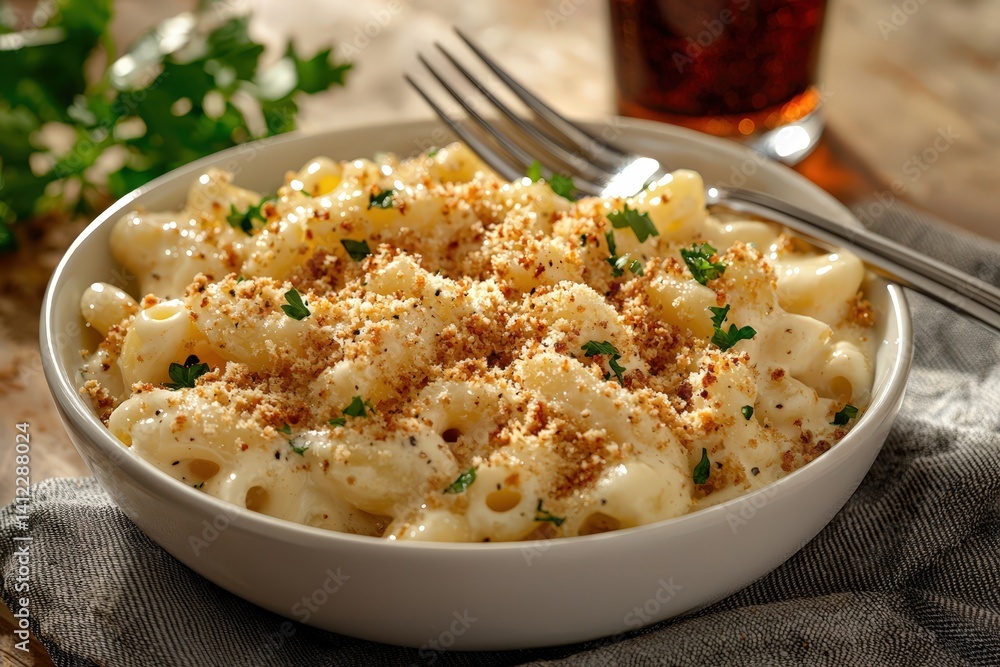 Creamy macaroni and cheese topped with crispy breadcrumbs in cozy setting Generative AI Creamy macaroni and cheese topped with crispy breadcrumbs in cozy setting Generative AI
