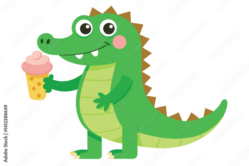 Naklejka premium Alligator with Ice Cream on White Background, Cartoon Reptile Character