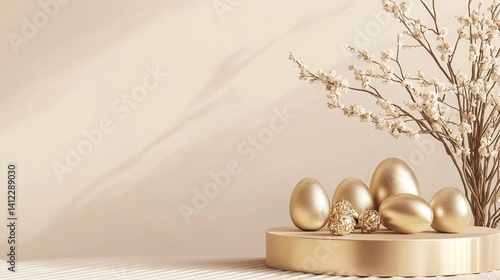 A podium with golden Easter eggs and metallic decorations, creating an elegant display for product showcasing. The background is a neutral beige to highlight the gold elements of the scene. A space on
