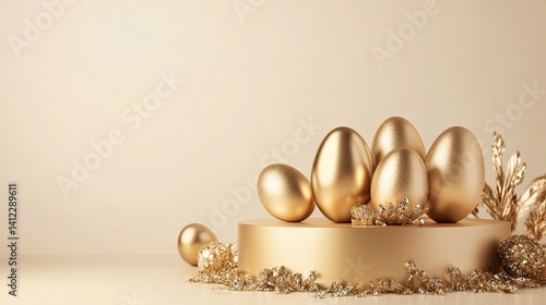 A podium with golden Easter eggs and metallic decorations, creating an elegant display for product showcasing. The background is a neutral beige to highlight the gold elements of the scene. A space on