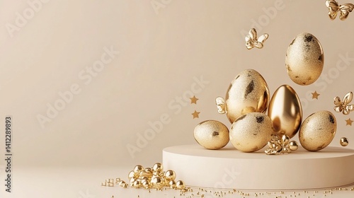 A podium with golden Easter eggs and metallic decorations, creating an elegant display for product showcasing. The background is a neutral beige to highlight the gold elements of the scene. A space on