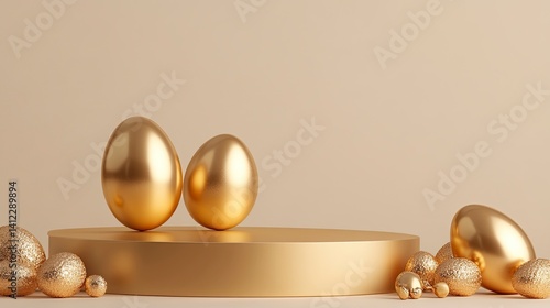 A podium with golden Easter eggs and metallic decorations, creating an elegant display for product showcasing. The background is a neutral beige to highlight the gold elements of the scene. A space on