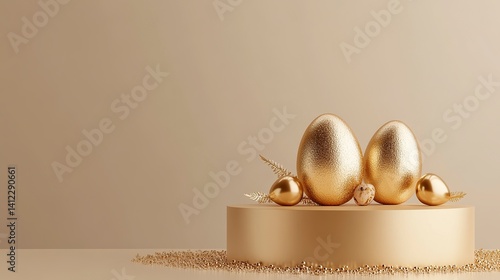 A podium with golden Easter eggs and metallic decorations, creating an elegant display for product showcasing. The background is a neutral beige to highlight the gold elements of the scene. A space on