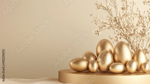 A podium with golden Easter eggs and metallic decorations, creating an elegant display for product showcasing. The background is a neutral beige to highlight the gold elements of the scene. A space on