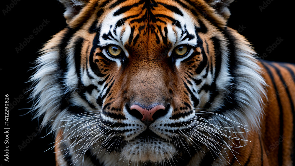 Fototapeta premium Majestic bengal tiger captivating eyes against dark background