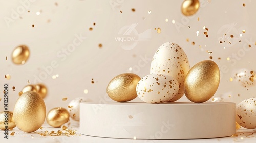 A podium with golden Easter eggs and metallic decorations, creating an elegant display for product showcasing. The background is a neutral beige to highlight the gold elements of the scene. A space on