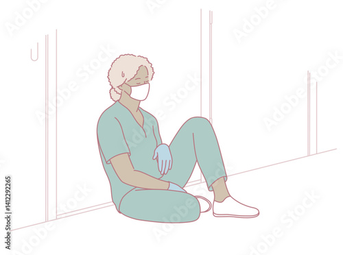 This illustration shows a dedicated healthcare worker in scrubs taking a muchneeded moment of respite