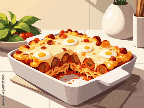a traditional Italian baked pasta (Pasta al Forno alla Napoletana) served in a modern ceramic baking dish on a minimalist kitchen counter