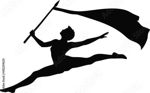 Color Guard Silhouette Leaping Woman with Flag on Transparent Background