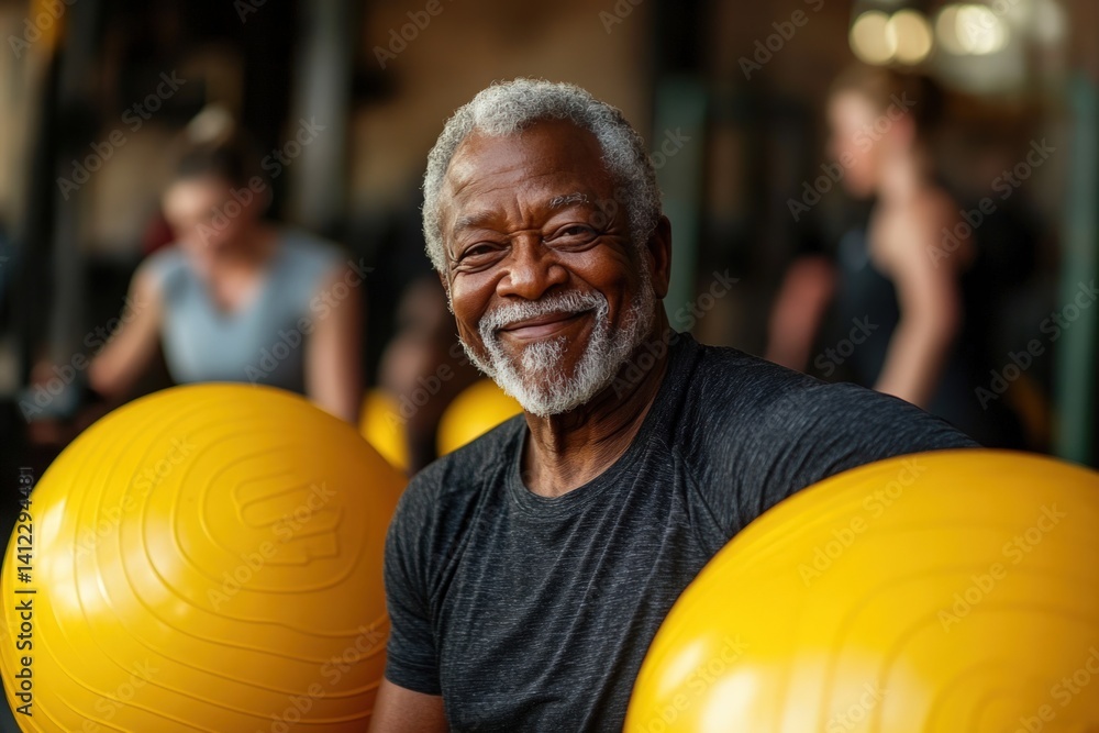 Smiling senior man in gym with exercise balls Smiling senior man in gym with exercise balls