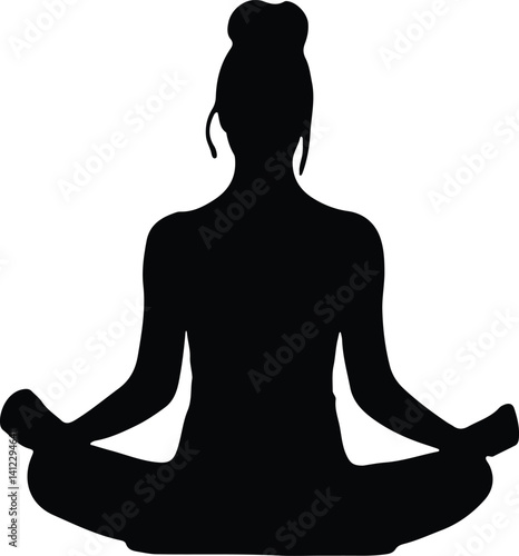 Silhouette of a woman sitting in lotus position on lotus flower background. Girl doing yoga and meditating. Meditation and healthy lifestyle. Vector illustration
