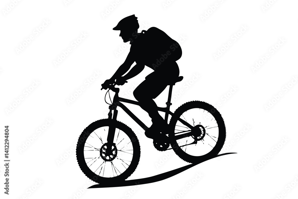 Obraz premium Cyclist Silhouette Man Rides Mountain Bike with Backpack on Transparent Background