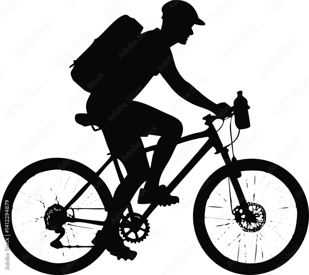 Fototapeta premium Cyclist Silhouette Riding Mountain Bike with Backpack and Water Bottle