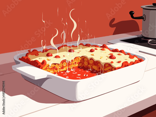 a traditional Italian baked pasta (Pasta al Forno alla Napoletana) served in a modern ceramic baking dish on a minimalist kitchen counter