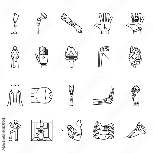prosthesis black line icons set for digital and print projects.