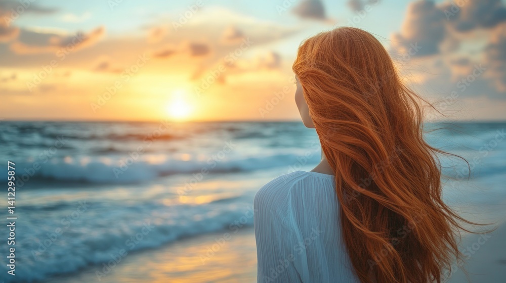 Fototapeta premium Woman watching sunrise at beach
