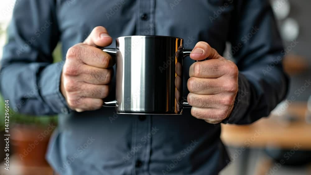 Man Holding a Black Mug of Coffee, Close-up shot of hands holding a black mug. Man Holding a Black Mug of Coffee, Close-up shot of hands holding a black mug.
