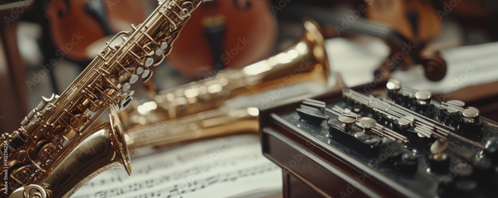 Fototapeta premium Vintage musical instruments and antique machine