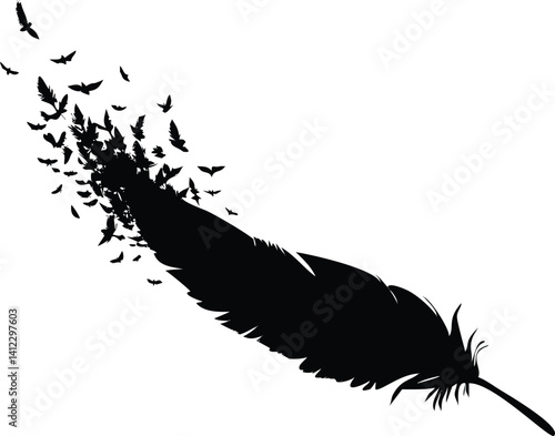 Feather Silhouette Transforming into Flying Birds on a Transparent Background