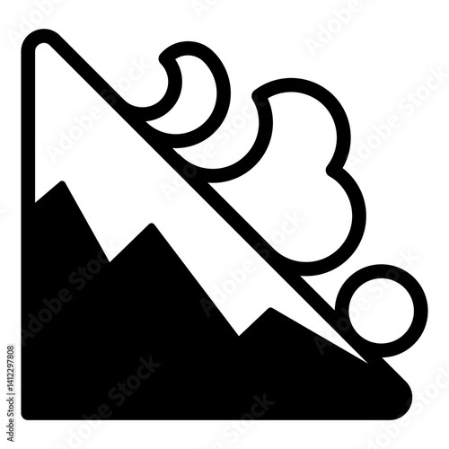 Mountain snow avalanche descent solid icon, insurance event concept. Vector graphics. Falling snowslide sign on white background, glyph style mobile or design.