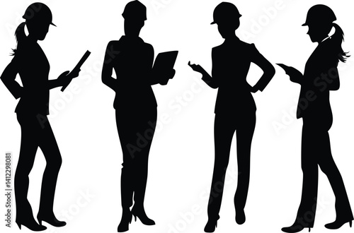 Female architect silhouettes wearing hard hats holding plan on white background