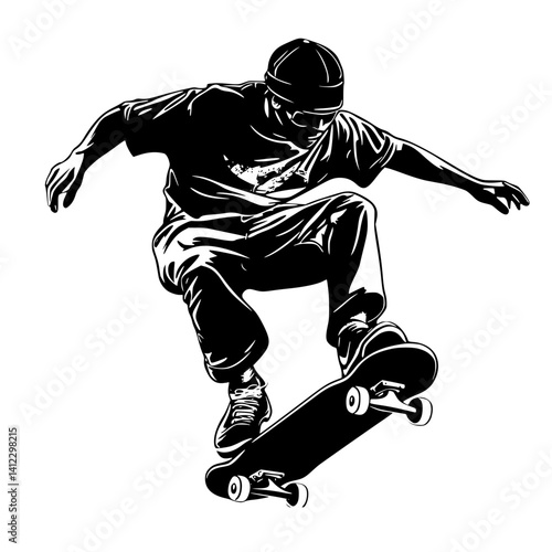 Dynamic Skateboarder Performing a Trick in a Black and White Design
