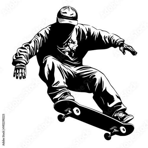 Silhouette of a Skateboarder Performing a Trick in Black and White