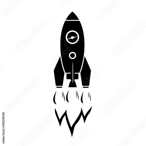 Black and White Rocket Icon Launching into Space